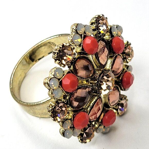 Coral and White Flower Ring,Crystal Floral Ring, Adjustable Flower Ring - Picture 3 of 14